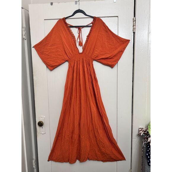 Forever 21 Orange Rust Flowy Boho Maxi Dress - Size S - Picture 2 of 6